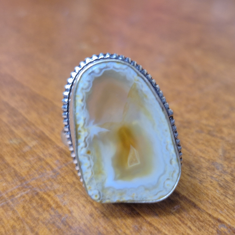 925 Sterling Silver Grey Agate Slice Ring  Vintage Handmade (#2)